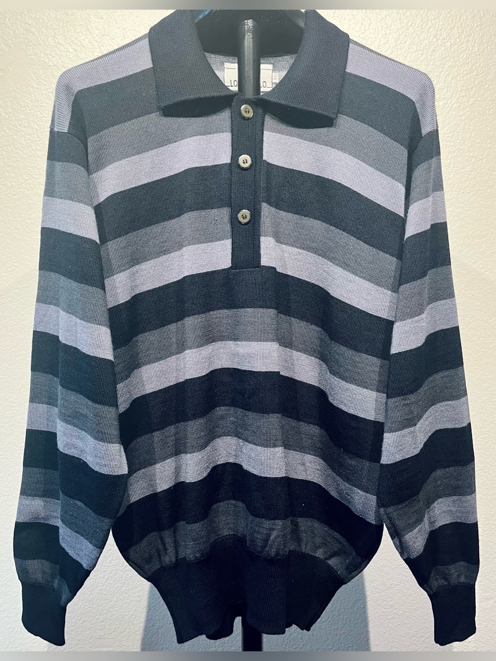 Vintage 100% Wool Striped Black & Gray Long-Sleeve Polo Sweater - Size M (Men’s)